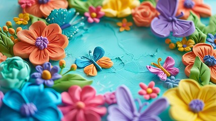 Canvas Print - A colorful background of flowers and butterflies made from playdough.