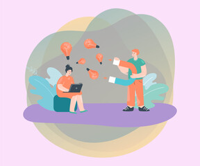 Wall Mural - office worker stealing ideas from colleague with magnet. woman with laptop, man attracting lightbulb