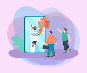Wall Mural - robot with gift box on phone screen flat vector illustration. happy people receiving gift box, parce