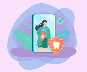 Wall Mural - smiling dentist on phone screen with checkmark and tooth. online consultation with dental profession