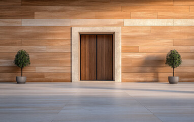 Modern architecture featuring a wooden door flanked by potted shrubs against a wooden wall