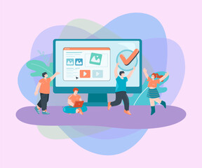 Wall Mural - tiny content creators with checkmark and huge computer screen. creative business people adding infor