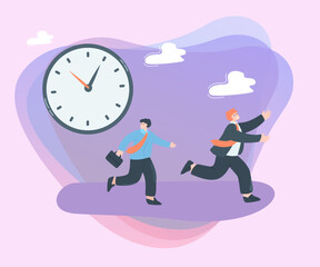 Wall Mural - tiny businessmen running away from rolling clock. employees scared of deadline flat vector illustrat