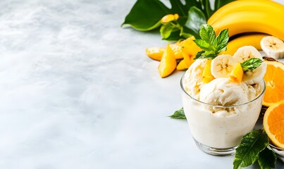 Wall Mural - Healthy dessert featuring vegan banana ice cream with tropical fruits, Generative AI 