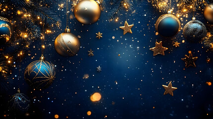 celestial winter wonderland with deep blue backdrop adorned by shimmering gold stars and ornate baubles festive greeting card design exudes magical holiday spirit