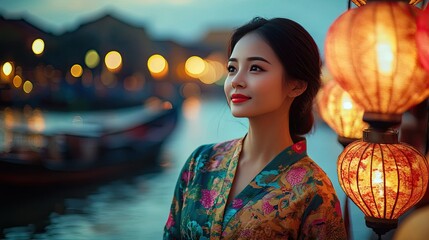 Serene Woman by Colorful Lanterns at Dusk