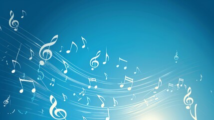 Wall Mural - An abstract background with music notes and lines, against a blue gradient.