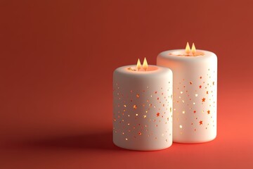 Two beautifully designed white candles with star patterns create a warm glow against a striking red backdrop, enhancing the intimate setting