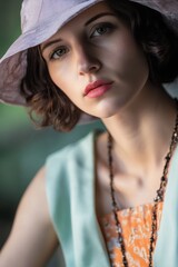 Sticker - Vintage Portrait: A young woman in a pastel hat with soft features, suitable for fashion and lifestyle projects.