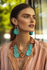 Sticker - Fashion Portrait: Model showcasing elegant turquoise jewelry against a soft, natural background for style inspiration and marketing.