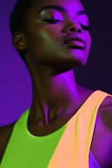 Poster - Vibrant Fashion Portrait: A woman with glowing skin in neon colors, exuding confidence in a luminous setting. Ideal for beauty and lifestyle projects.