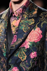 Sticker - Fashion Close-up: Elegant man in a floral patterned suit with vibrant colors, ideal for style inspiration and editorial use.