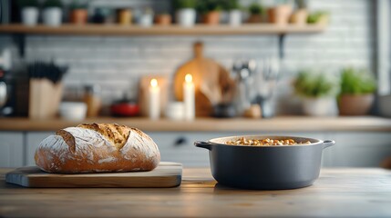 A rustic kitchen scene featuring a loaf of fresh-baked bread and a pot of delicious food, evoking warmth. Winter Warmth Concept