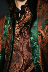 Sticker - Elegant Fashion Detail: Richly patterned fabrics in deep green and warm bronze perfect for high-end style showcases or fashion presentations.