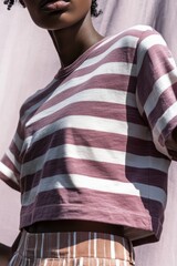 Sticker - Fashionable Striped Crop Top: Features bold stripes in maroon and white, perfect for casual wear or summer styling.