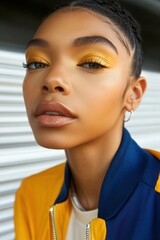 Poster - Portrait of a Young Woman with Vibrant Yellow Makeup and a Stylish Jacket, Ideal for Fashion and Beauty Websites