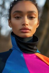 Sticker - Portrait of a Young Woman in a Colorful Fashion Jacket, Showcasing Vibrant Colors for Fashion Promotion