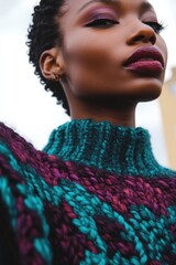 Poster - Fashion Portrait: A confident woman in a vibrant sweater with a bold lip, suitable for lifestyle and beauty branding.