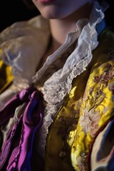 Sticker - Elegant Costume Detail: A Close-Up of Colorful Fabric and Lace in Rich Yellow and Purple Tones, Ideal for Fashion Studies