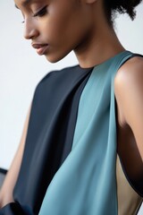 Poster - Stylish close-up of a model in a beautifully draped dress featuring earthy tones, ideal for fashion and lifestyle promotions.