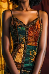 Sticker - Fashion Portrait: A close-up of a woman in a colorful, patterned dress featuring rich textures and warm hues, ideal for style inspiration.