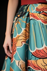 Poster - Fashion Photography: Close-up of a Vibrant Floral Skirt Featuring Blue, Orange, and Green Patterns for Style Inspiration