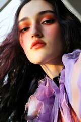 Wall Mural - Contemporary Portrait: A young woman with flowing dark hair and soft, colorful makeup in a delicate purple garment, ideal for fashion themes.