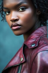 Canvas Print - Close-up Portrait: A young woman in a burgundy leather jacket, showcasing confidence and modern style, ideal for fashion or lifestyle visuals.