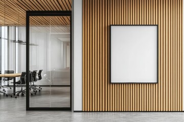 A contemporary office design showcases wooden slats on the walls, a glass-walled conference room, and an empty frame for display