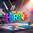 © Maya Stock - Vibrant and colorful 'WE ARE HIRING' announcement with splashes of bright colors, floating pencils, rulers, and desk lamp, ideal for attracting creative professionals in a dynamic workspace.