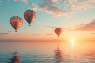 Sticker - Vibrant hot air balloons float gracefully over a calm sea, illuminated by the warm glow of a golden sunset. Generative AI