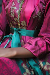 Poster - Elegant Women's Fashion: A Close-Up of a Vibrant Pink Floral Dress with Turquoise Belt, Perfect for Stylish Presentations