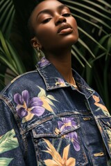 Canvas Print - Fashion Portrait: A model with a floral denim jacket against lush greenery, perfect for style inspiration and creative projects.