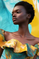 Poster - Fashion Portrait: A young woman in a colorful dress against a vibrant background, perfect for fashion, beauty, and lifestyle themes.