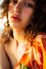 Poster - Portrait of a Young Woman with Curly Hair, Wearing a Bright Floral Wrap; Ideal for Fashion and Lifestyle Content