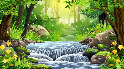 Wall Mural - A small waterfall in a lush green forest.