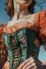 Wall Mural - Elegant Vintage Fashion: A Close-Up of a Woman in a Green and Orange Corseted Dress with Floral Patterns Against a Blue Sky