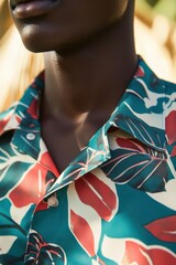 Poster - Vibrant Tropical Fashion: A Close-Up of a Colorful Leaf Patterned Shirt