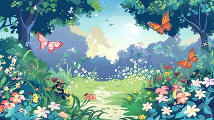 Sticker - An illustration of a whimsical, colorful forest with butterflies and flowers.