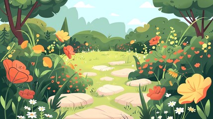 Wall Mural - A colorful illustration of a garden path lined with flowers.