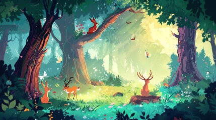 Sticker - An illustration of a magical forest with a deer, a rabbit, and a butterfly.