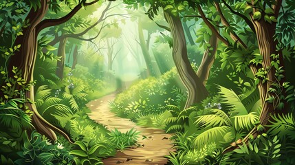 Wall Mural - A lush, green forest with a winding path leading into the sun-dappled trees.