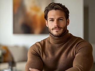 Charismatic Man in Fitted Turtleneck Sweater Sitting in Modern Minimalist Apartment