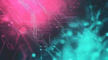Abstract background with pink and blue neon lights and circuit board pattern.