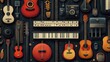 © ari - A dark wood background filled with musical instruments like guitars, keyboards, drums, and microphones.