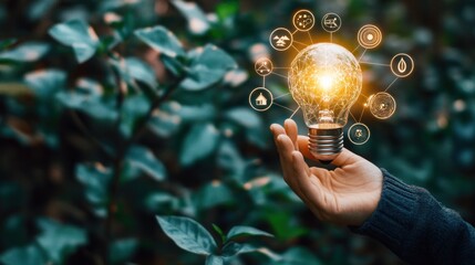 Aufkleber - A Hand Holding a Glowing Lightbulb with Connected Symbols