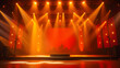 © Tark - Modern music concert stage with golden, orange and black lights. Generative AI