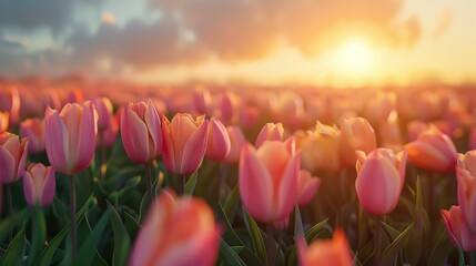 Vibrant orange tulip field in full bloom with close up of pink peak fuzz tulips in spring sunlight