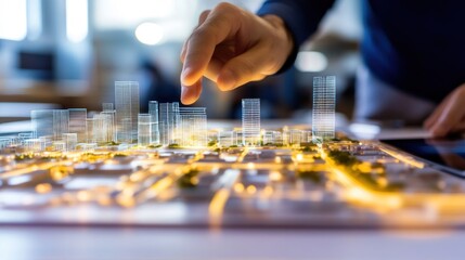 Poster - Hand Interacting with a City Model Displaying Illuminated Buildings