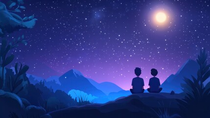 stargazing vector illustration, depicting characters looking up at the stars, peaceful night sky and
